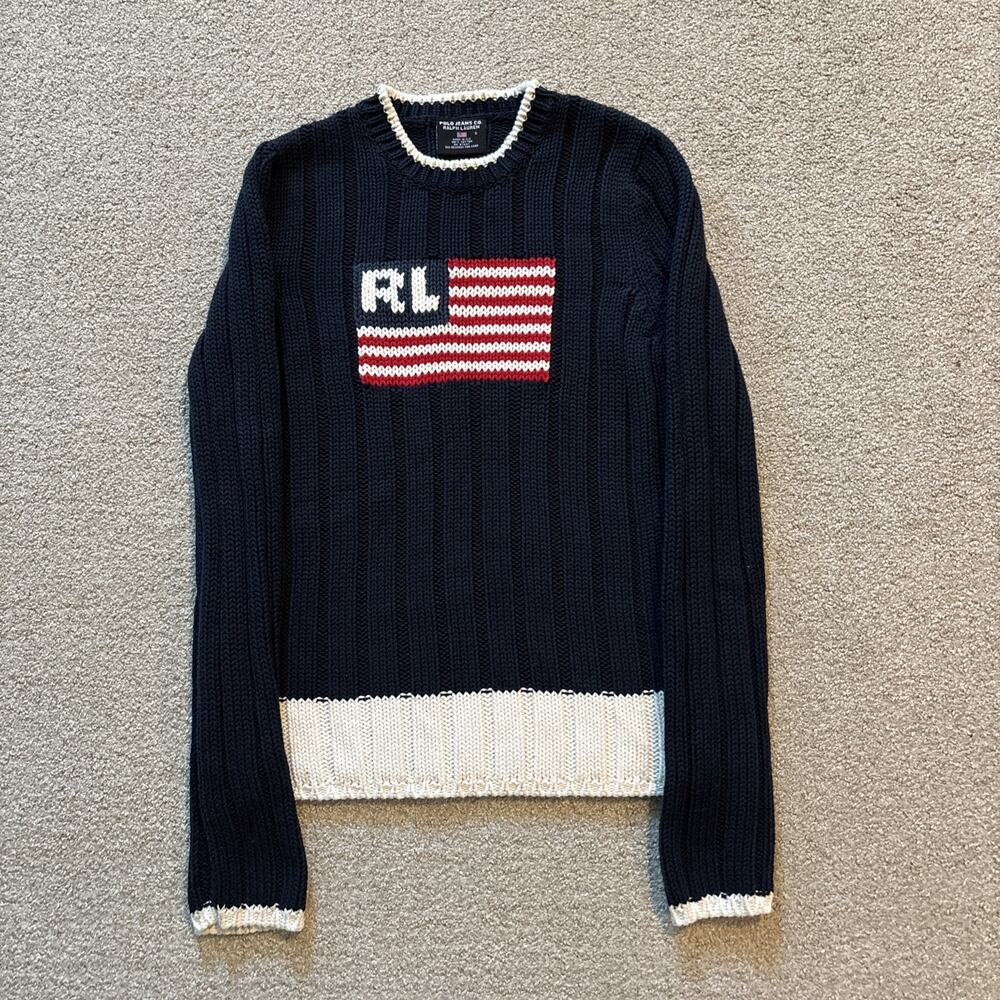 Polo Ralph Lauren Women’s American Flag Sweater Size S Blue White Trim Cotton